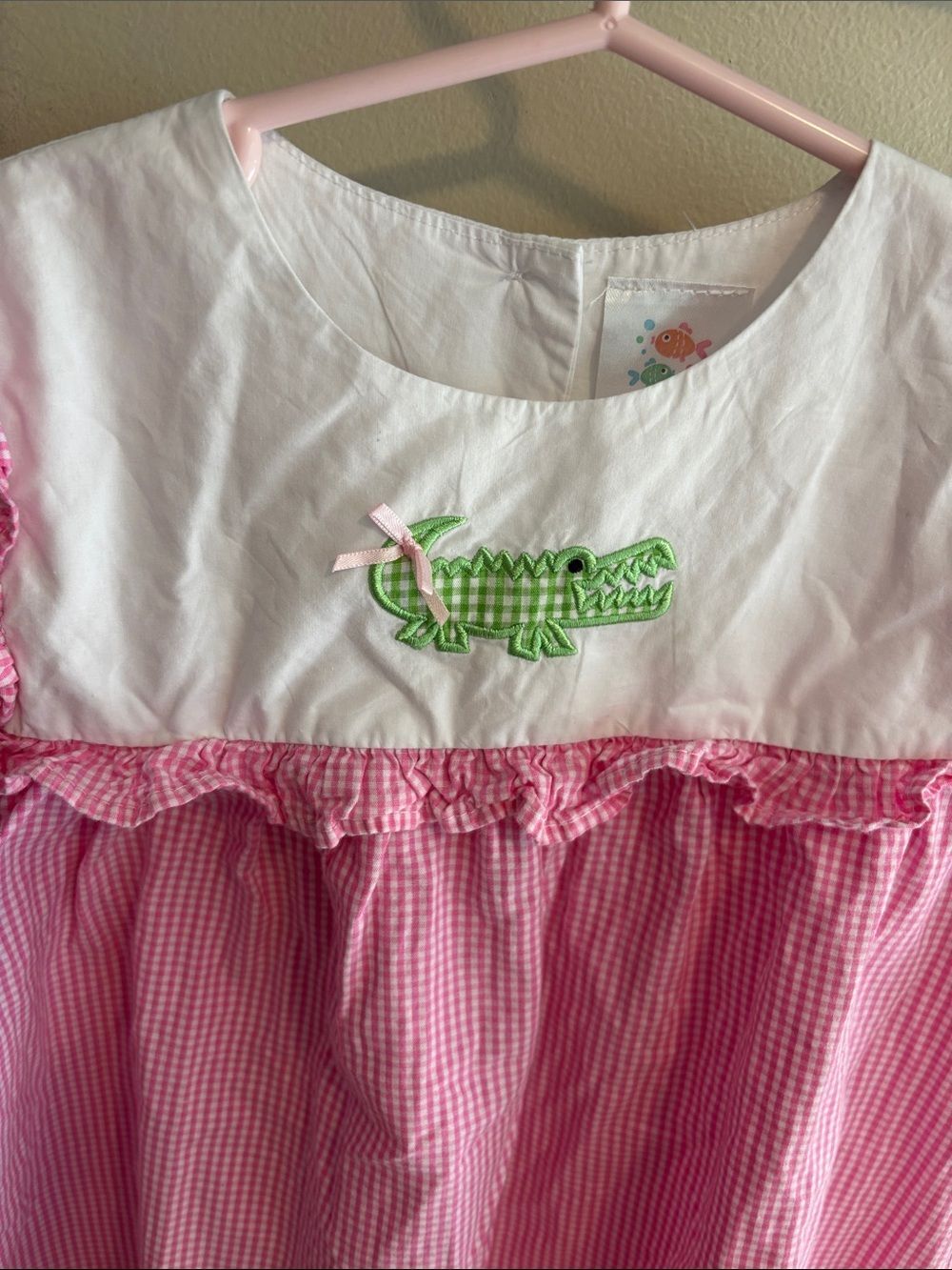 Stitchy Fish Girls Pink Gingham Alligator Applique Ruffle Dress Size 5 Cotton - Picture 2 of 6